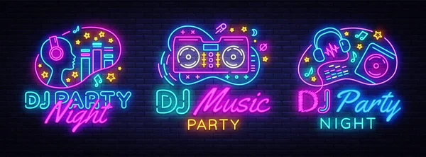 DJ Music Party neón signo colección vector diseño plantilla. DJ Concepto de música, radio y concierto en vivo, póster de neón, elemento de diseño de banner de luz colorido, noche brillante publicidad. Vector — Vector de stock