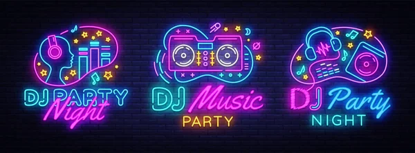 Dj müzik parti neon işareti koleksiyonu vektör tasarım şablonu. DJ kavramı müzik, radyo ve canlı konser, neon poster, afiş tasarım öğesi renkli, gece parlak reklam ışık. Vektör
