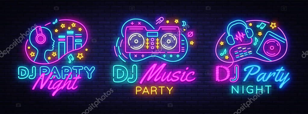 DJ Music Party neon sign collection vector design template. DJ Concept of music, radio and live concert, neon poster, light banner design element colorful, night bright advertising. Vector.