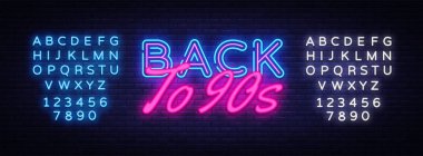 Neon metin vektör 90s için geri. 90'lı yılların başa Retro neon tabela, tasarım şablonu, modern trend tasarım, gece neon tabela, gece parlak reklam, ışık afiş. Vektör. Metin neon işareti düzenleme