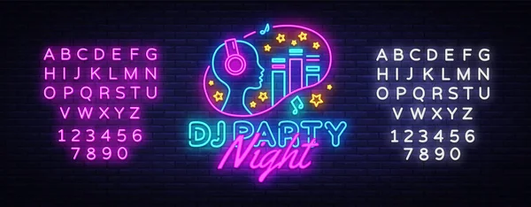 DJ Party Neon sign vector. Night Party Design template neon sign, Dj Sound Advertising light banner, neon signboard, nightly bright advertising, light inscription. Vector. Editing text neon sign — Stock Vector
