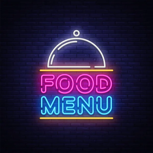 Food Menu Neon Sign Vector. Restaurant menu neon sign, design template, modern trend design, night neon signboard, night bright advertising, light banner, light art. Vector illustration — Stock Vector