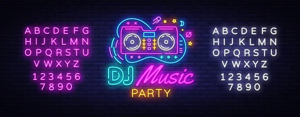 DJ Music Neon sign vector. Night Party Design template neon sign, Dj Sound Advertising light banner, neon signboard, nightly bright advertising, light inscription. Vector. Editing text neon sign — Stock Vector