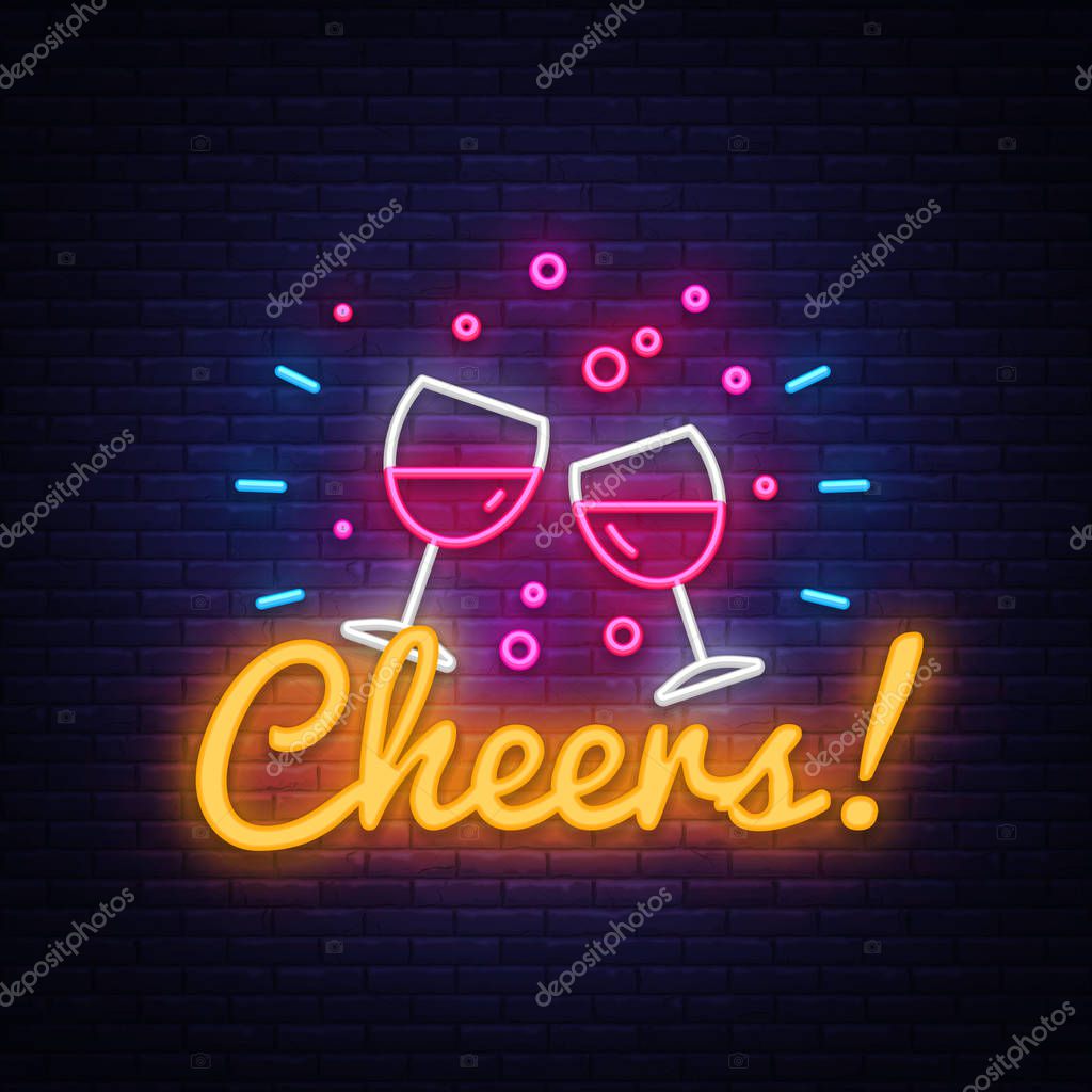 Cheers neon sign vector. Wine Party celebration Design template neon sign, light banner, neon signboard, nightly bright advertising, light inscription. Vector illustration.