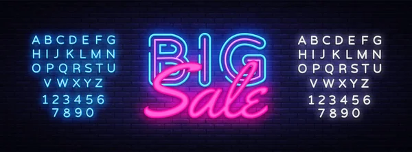 Big Sale plantilla de diseño de vectores de texto de neón. Gran descuento logotipo de neón, elemento de diseño de banner ligero colorido tendencia de diseño moderno, noche brillante publicidad, signo brillante. Vector. Edición de texto signo de neón — Vector de stock