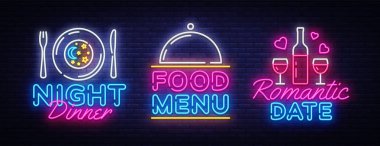 Gıda gece neon şarkı, etiket ve logosu ayarlayın. Romantik bir akşam yemeği afiş tasarım şablonu, logo, amblem ve etiket. Restoran menü parlak tabela, parlak reklam her gece. Film logosunu görmeniz gerekir. Vektör çizim