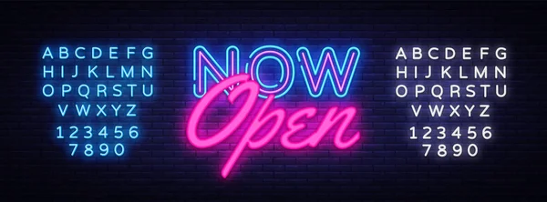 Nu Open neon tekst vector ontwerpsjabloon. Nu Open neon logo, lichte banner designtrend element kleurrijke moderne design, nacht heldere reclame, heldere teken. Vector. Bewerken tekst lichtreclame — Stockvector