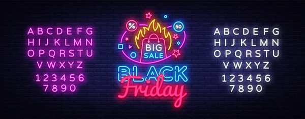 Svart fredag försäljning neon banner vektor formgivningsmall. Svart fredag stora rabatter neon logotyp, ljus banner design element färgglad modern inredning trend, ljusa tecken. Vektor. Redigera text neonskylt — Stock vektor