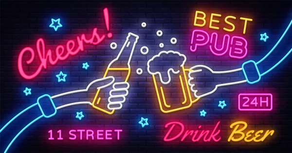 Cheers Neon Banner Vector. Party celebration in pub, neon sign, design template, modern trend design, night neon signboard, night bright advertising, light banner, light art. Vector illustration — Stock Vector