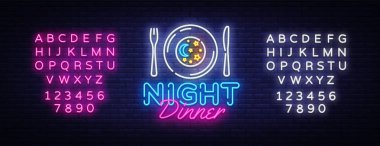 Gece akşam yemeği neon işareti vektör. Restoran logo tasarım şablonu neon tabela, ışık afiş, neon tabela, her gece parlak reklam, ışık yazıt. Vektör çizim. Metin neon işareti düzenleme