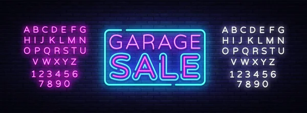 Garage Sale, discount sale concept Vector illustration in neon style, shopping and marketing concept. Neon luminous signboard, bright banner, Light advertisement. Editing text neon sign — Stock Vector