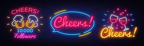 Grande collection enseignes néon pour la célébration de la fête dans le pub. Cheers Neon Banner Vector, modèle de conception, design de tendance moderne, enseigne au néon de nuit, publicité lumineuse de nuit, bannière lumineuse, art léger. Vecteur — Image vectorielle