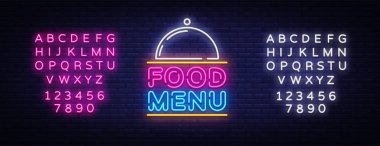 Yemek menü Neon işareti vektör. Restoran menü neon tabela, tasarım şablonu, modern trend tasarım, gece neon tabela, gece parlak reklam, ışık afiş, ışık sanat. Vektör. Metin neon işareti düzenleme