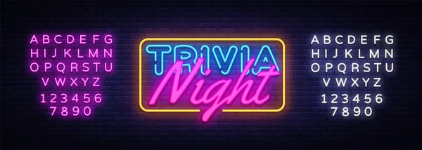 Trivia Night neon sign vector. Quiz Plantilla de diseño de tiempo letrero de neón, banner de luz, letrero de neón, publicidad nocturna brillante, inscripción de luz. Ilustración vectorial. Edición de texto signo de neón — Vector de stock