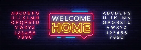 Welcome Home Neon Text Vector. Welcome Home neon sign, design template, modern trend design, night neon signboard, night bright advertising, light banner, light art. Vector. Editing text neon sign — Stock Vector