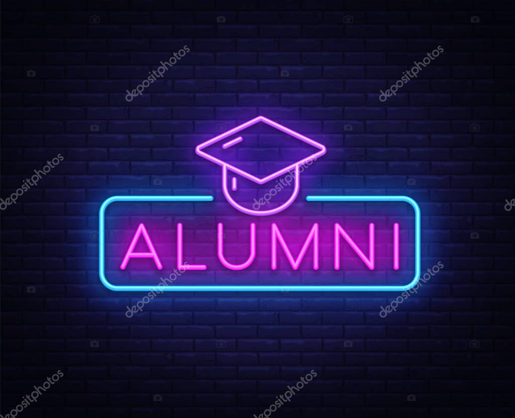 Alumni Neon Sign Vector. Graduation neon symbol, design template, modern trend design, night neon signboard, night bright advertising, light banner, light art. Vector illustration.