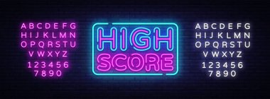 Yüksek puan edinildi Neon metin vektör. Yüksek skor neon tabela, tasarım şablonu, modern trend tasarım, gece neon tabela, gece parlak reklam, ışık afiş, ışık sanat. Vektör. Metin neon işareti düzenleme
