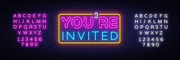 Neon metin vektör tasarım şablonu Youre davet etti. Neon logo, ışık afiş tasarım öğesi renkli modern tasarım trend, gece parlak reklam, parlak işareti. Vektör. Metin neon işareti düzenleme
