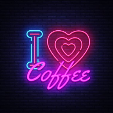Kahve neon ışığı vektörünü seviyorum. Kahve dükkanı tasarım şablonu neon tabela, ışıklı pano, neon tabela, gece lambası reklamı, hafif yazı. Vektör illüstrasyonu