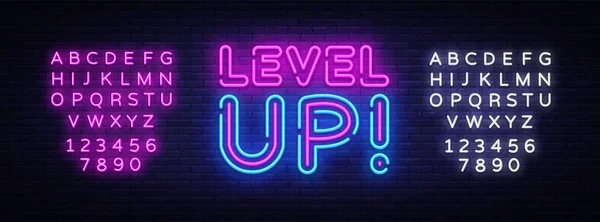 Level Up Neon Text Vector (em inglês). Level Up sinal de néon, modelo de design, design de tendência moderna, sinalização de néon noite, publicidade brilhante noite, banner luz. Ilustração vetorial. Edição de texto sinal de néon — Vetor de Stock