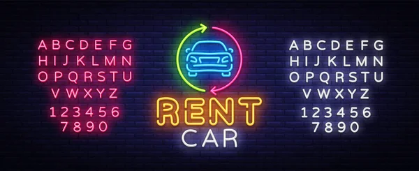 Rent car neon emblem vector design template. Trade Car neon signboard, light banner design element colorful modern design trend, night bright advertising, bright sign. Vector. Editing text neon sign — Stock Vector