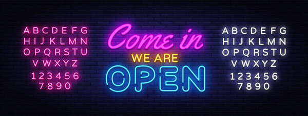 Come in we are Open neon sign vector design template. Open Shop neon text, light banner design element colorful modern design trend, night bright advertising. Vector. Editing text neon sign