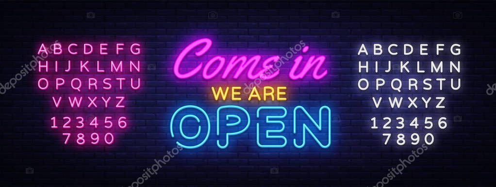 Come in we are Open neon sign vector design template. Open Shop neon text, light banner design element colorful modern design trend, night bright advertising. Vector. Editing text neon sign.