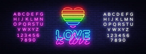 Aşk aşk neon metin vektör tasarım şablonu nedir. LGBT neon logo, ışık afiş tasarım öğesi renkli modern tasarım trend, parlak reklam gece. Vektör çizim. Metin neon işareti düzenleme — Stok Vektör