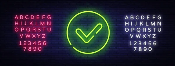 Marca de verificação verde Neon Sign Vector. Verifique lista botão néon tabuleta, modelo de design, design de tendência moderna, sinalização de néon noite, publicidade brilhante noite, banner de luz. Vector. Edição de texto sinal de néon —  Vetores de Stock