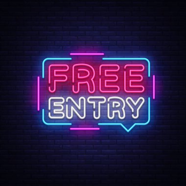 Ücretsiz giriş neon metin vektör tasarım şablonu. Ücretsiz giriş Event: tabela neon, ışık afiş tasarım öğesi renkli modern tasarım trend, gece parlak reklam, parlak işareti. Vektör çizim