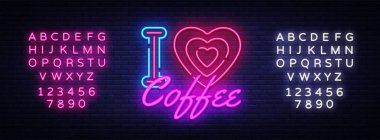 Ben aşk kahve neon vektör işareti. Coffee Shop tasarım şablonu neon tabela, ışık afiş, neon tabela, parlak reklam, her gece yazıt ışık. Vektör çizim. Metin neon işareti düzenleme