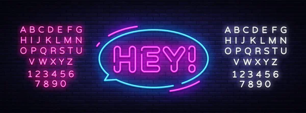 Hey neon text vector design template. Hey sticker neon, light banner design element colorful modern design trend, night bright advertising, bright sign. Vector illustration. Editing text neon sign — Stock Vector
