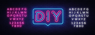 DIY harf Neon metin vektör. Do It Yourself neon tabela, tasarım şablonu, modern trend tasarım, gece neon tabela, gece parlak reklam, banner, hafif sanat yak. Vektör. Metin neon işareti düzenleme