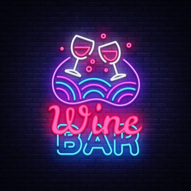 Wine Bar neon işareti vektör. Şarap dükkanı tasarım şablonu neon tabela, ışık afiş, neon tabela, parlak reklam, her gece yazıt ışık. Vektör çizim