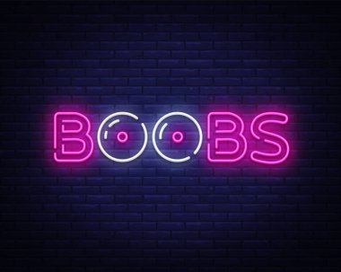 Göğüsler neon metin vektör tasarım şablonu. Göğüsler neon logo, seks shop, ışık afiş tasarım öğesi renkli modern tasarım trend, parlak reklam gece. Vektör çizim