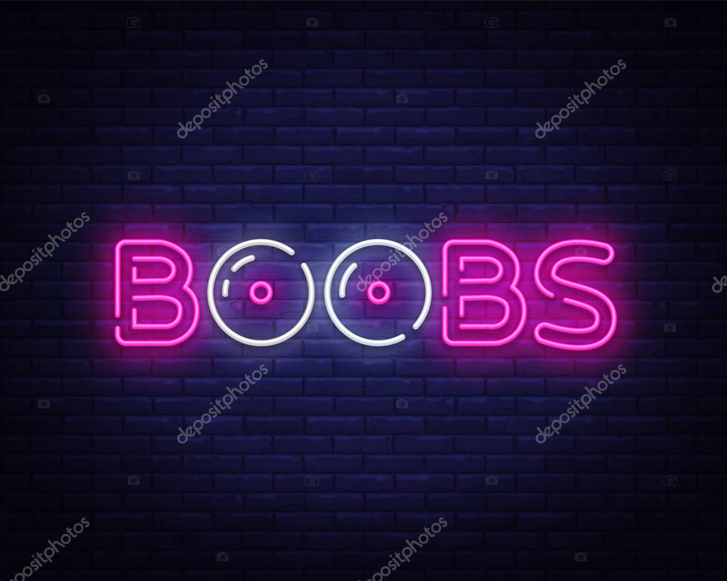 Boobs neon text vector design template. Boobs neon logo, sex shop, light banner design element colorful modern design trend, night bright advertising. Vector illustration.