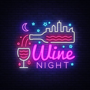 Şarap dükkanı neon işareti vektör. Şarap Bar konsept tasarım şablonu neon tabela, ışık afiş, neon tabela, her gece parlak reklam, ışık yazıt. Vektör çizim