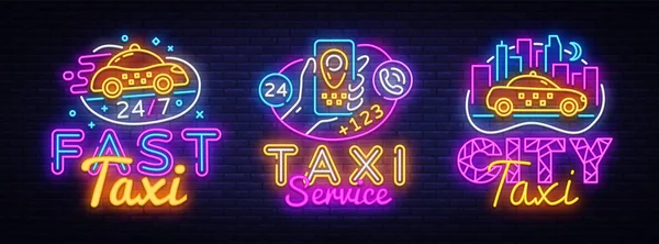 Stora collectin neonskyltar för taxiservice formgivningsmall. Taxi neon logotyper koncept, ljus banner design element färgglad modern inredning trend, natt ljusa reklam, ljusa tecken. Vektor — Stock vektor