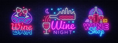 Şarap neon işaret set tasarımı şablonu. Büyük koleksiyon şarap neon logolar, ışık afiş tasarım öğesi renkli modern tasarım trend, gece parlak reklam, parlak işareti. Vektör çizim