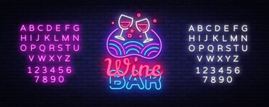 Wine Bar neon işareti vektör. Şarap dükkanı tasarım şablonu neon tabela, ışık afiş, neon tabela, parlak reklam, her gece yazıt ışık. Vektör çizim. Metin neon işareti düzenleme