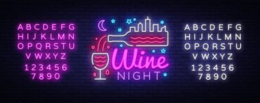 Şarap dükkanı neon işareti vektör. Şarap Bar konsept tasarım şablonu neon tabela, ışık afiş, neon tabela, her gece parlak reklam, ışık yazıt. Vektör. Metin neon işareti düzenleme