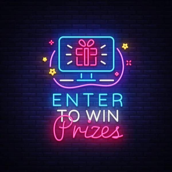 Enter to win Prizes neon sign design tempt. Подарочный неоновый дизайн, световой элемент дизайна баннера, окрашивающий современный тренд дизайна, ночная яркая реклама, яркая вывеска. Векторная иллюстрация — стоковый вектор