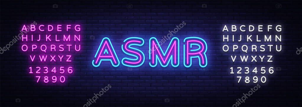 ASMR Neon Text Vector. Autonomous sensory meridian response neon sign, design template, modern trend design, night neon signboard, night bright advertising. Vector. Editing text neon sign.