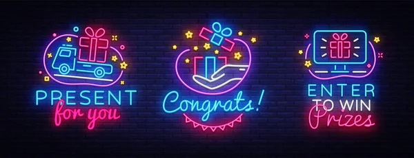 Grande collezione in neon segni Premi. Regalo Neon Banner Vector. Entra per vincere premi modello di design, design moderno di tendenza, cartello della luce notturna, notte pubblicità luminosa. Illustrazione vettoriale — Vettoriale Stock