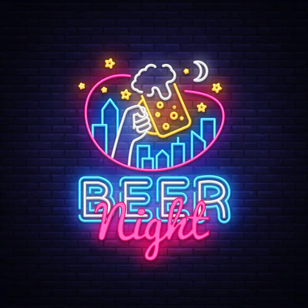 Vetor de sinal de néon de cerveja. Beer Night Design modelo signo de néon, banner de luz, placa de néon, publicidade noturna brilhante, inscrição de luz. Ilustração vetorial — Vetor de Stock