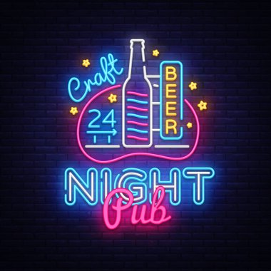 Pub Neon tabela vektör. Bira Pub neon tabela, tasarım şablonu, modern trend tasarım, gece neon tabela, gece parlak reklam, ışık afiş, ışık sanat. Vektör çizim