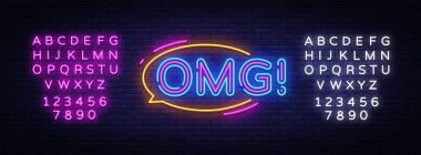 OMG neon işareti vektör. OMG pop sanat tasarım şablonu neon tabela, ışık afiş, neon tabela, parlak reklam, her gece yazıt ışık. Vektör çizim. Metin neon işareti düzenleme