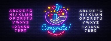 Tebrikler Neon tabela vektör. Hediyelik neon tabela, tasarım şablonu, modern trend tasarım, gece neon tabela, parlak reklam gece, hafif afiş, hafif sanat. Vektör. Metin neon işareti düzenleme