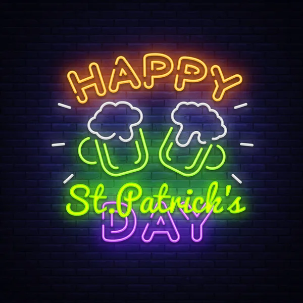 Buon San Patrizio al neon segno vettore. Happy Saint Patricks Day Modello di design con fantasma e web per banner, poster, biglietto di auguri, invito alle feste, banner luminoso. Illustrazione isolato — Vettoriale Stock