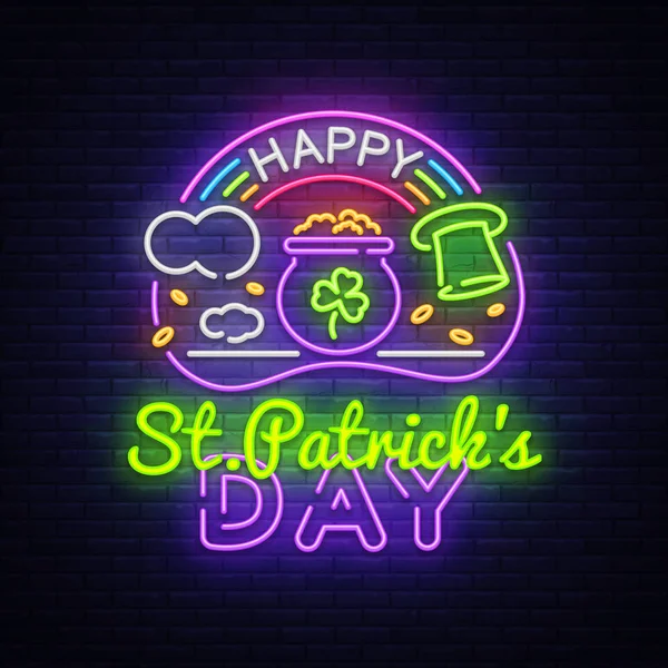 Happy St. Patricks Day neon sign vector. Happy Saint Patricks Day Design template with ghost and web for banner, poster, greeting card, party invitation, light banner. Isolated illustration — Stock Vector